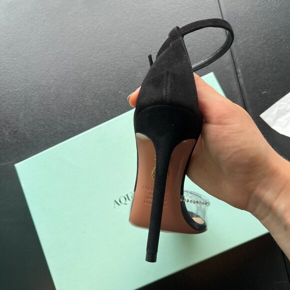 NWT Aquazzura Ray Of Light Sandals Plexi Crystal Peep Toe 105 Black Suede/PVC - Picture 13 of 13